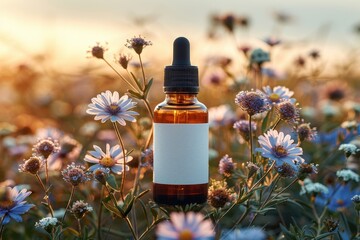 Amber dropper bottle in a beautiful field of wildflowers at sunset, evoking a sense of natural wellness and tranquility.