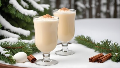 Festive eggnog drink served with a snowy winter landscape backdrop