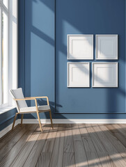 Fototapeta premium Stylish Blue Interior with Wooden Flooring, White Chair, and Four Empty Poster Mock-up Frames for Wall Art