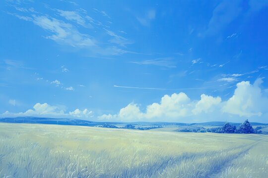 Scenic landscape of a vast golden wheat field under a bright blue sky with fluffy white clouds and a distant village