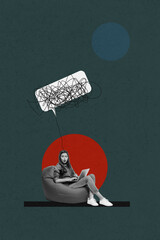 Vertical photo collage of shocked panic girl sit beanbag receiver threat sms laptop user cyberbully...