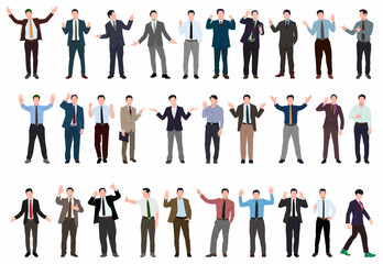 Businessman character in different poses. Handsome business man in formal suit standing, walking.  Vector realistic illustration set. 