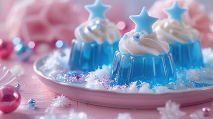 Whimsical Blue Jelly Desserts in Star and Stripe Shapes with Whipped Cream and Edible Glitter