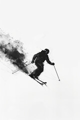 A black and white sketch of a person skiing down a slope