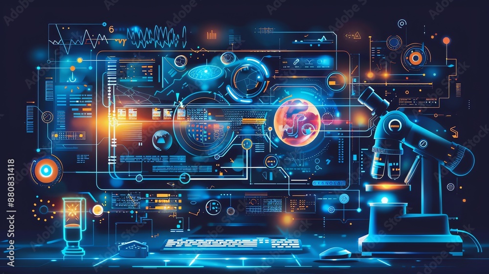 Poster Futuristic Tech Interface with Microscope and Glowing Elements.