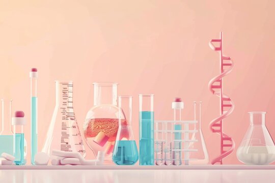 scientific research with a minimalist laboratory equipment and biotech tools, biotechnological research process, iridescent pastel peach color palette
