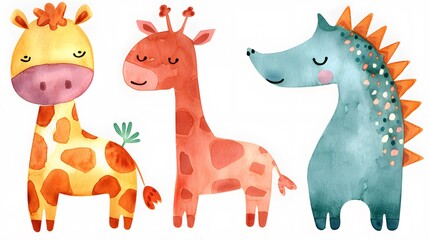 Fototapeta premium A group of four cartoon animals, including a giraffe, elephant, and two zebras