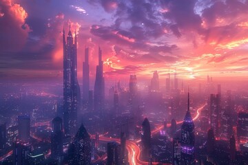 Fototapeta premium 41 Futuristic cityscape at dusk, realistic, high resolution, very detailed