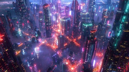 Fototapeta premium Illuminated Metropolis - Aerial View of Futuristic City with Interconnected Towers and Vibrant Lights