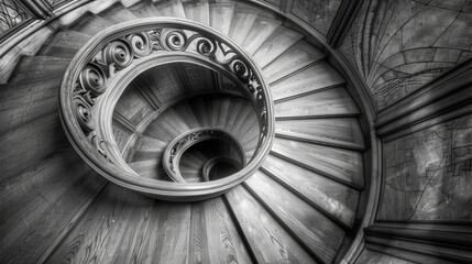 Fototapeta premium A stunning black and white photo of a wooden spiral staircase.