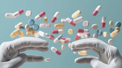 A modern and playful healthcare illustration with colorful pills and tablets arranged to create a dollar sign The composition features a turquoise background