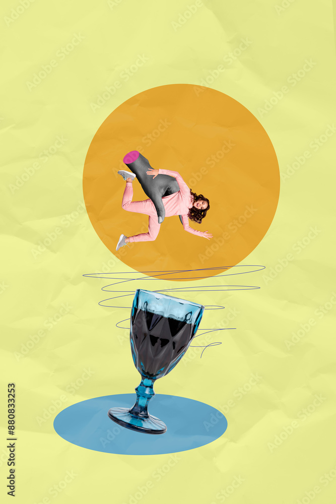 Wall mural Vertical photo collage of happy girl dive wine glass alcohol beverage weekend relax event bar entertainment isolated on painted background