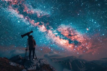 Fototapeta premium Stargazer with Telescope Observing the Milky Way Galaxy in a Stunning Night Sky Over Mountainous Landscape