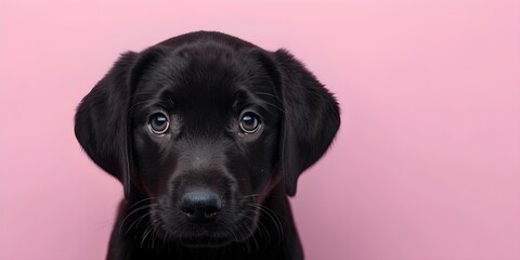 Fototapeta premium Sad-eyed Black Lab puppy on pink background for animal-themed designs. Concept Animal Photography, Pet Portraits, Puppy Photoshoot, Black Lab, Pink Background