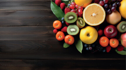 Fruit background with empty space for advertising. Multifruits on the table, wooden background. Juicy ripe fruits with vitamins. Healthy nutrition, diet, diabetes. Sale of fruits. Vitamin complex.