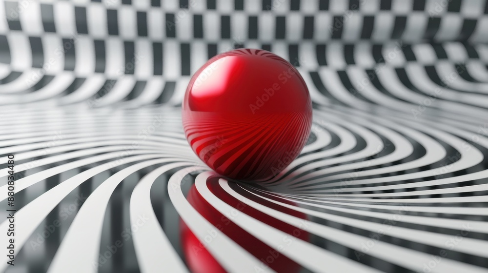 Aufkleber red sphere rolling over a geometric pattern in 3d render.
