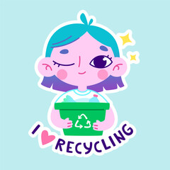 Eco sticker with cartoon girl holding container. Cute vector patch about recycling for kids.