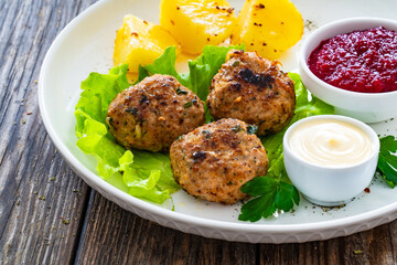 Baked meatballs, boiled potatoes, beetroots, fresh vegetables and mayonnaise served on white plate on wooden table
