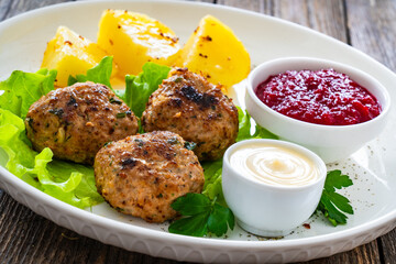Baked meatballs, boiled potatoes, beetroots, fresh vegetables and mayonnaise served on white plate on wooden table
