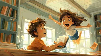 An exuberant boy watching a girl diving into a book, symbolizing the joy of reading and discovery.