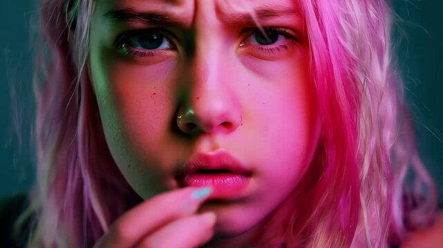 Closeup portrait of a teenage girl with bright pink hair and a rebellious attitude