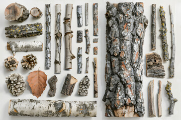 Birch bark and wood pieces on white background.