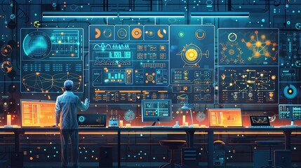 Futuristic Control Room with Man Analyzing Data.