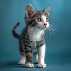 Naklejka premium Adorable kitten standing on a blue background, looking curious with vivid green eyes and whiskers standing out prominently.