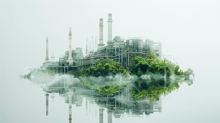 Naklejka premium A double exposure photo of a power plant transitioning to green energy sources, with lush greenery emerging from the smokestacks, set against a white background, symbolizing the net zero