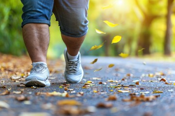 Close-up of person walking on a leaf-covered path in a park during autumn, wearing sneakers and denim shorts with sunlight filtering through trees.