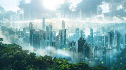 An image showing a double exposure of a bustling cityscape with a layer of clean energy sources like solar and wind, symbolizing the integration of sustainability in urban planning for net zero