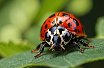 Obraz premium Close-up of ladybug with black spots and red shell on green leaf
