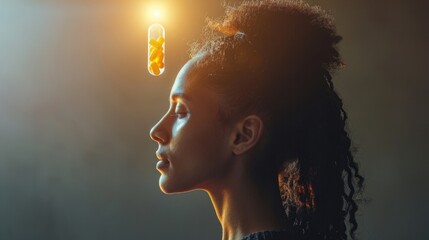 Woman's profile with a vitamin supplement capsule floating above her head, symbolizing the connection between medicine and mental health.