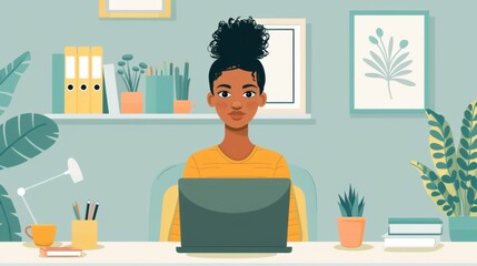 Young woman excelling in a home office setup, with a laptop and organized workspace, symbolizing remote work success.