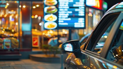 Car waits at drive-through with menu screen visible, illuminated by colorful lights