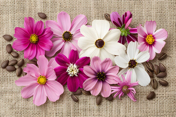 Fototapeta premium Pink and White Cosmos Flowers on Burlap Background.