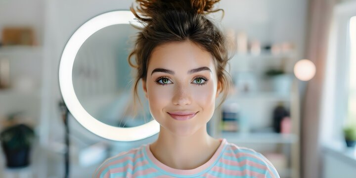 Beauty Blogger Tests Makeup Using Smartphone Ring Light at Home. Concept Makeup tips, Beauty blogger, Smartphone ring light, At-home photoshoot, Product reviews