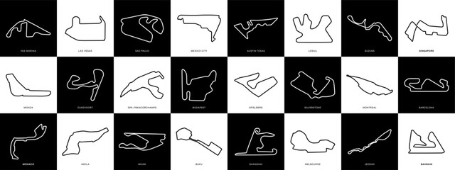 Obraz premium Grand Prix Racing Circuits Set. Collection of GP Race Track Illustrations with Editable Stroke. Formula Racing Circuit Vectors. 