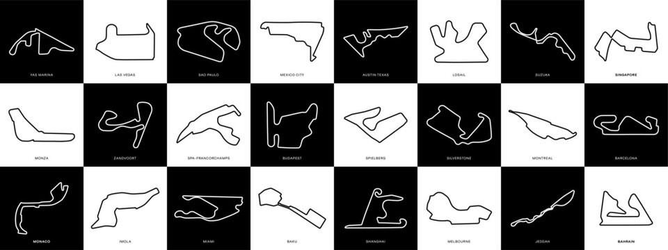 Grand Prix Racing Circuits Set. Collection of GP Race Track Illustrations with Editable Stroke. Formula Racing Circuit Vectors. 