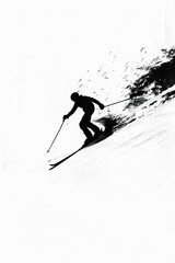 A black and white sketch of a person skiing down a slope