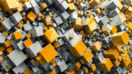 Collection of yellow and silver cubes arranged abstractly