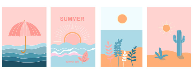 Minimalistic summer illustrations with beach scenes, sunsets, umbrellas, cacti, and tropical plants. Ideal for summer-themed designs and promotions and greeting cards, poster, flyer, background. 