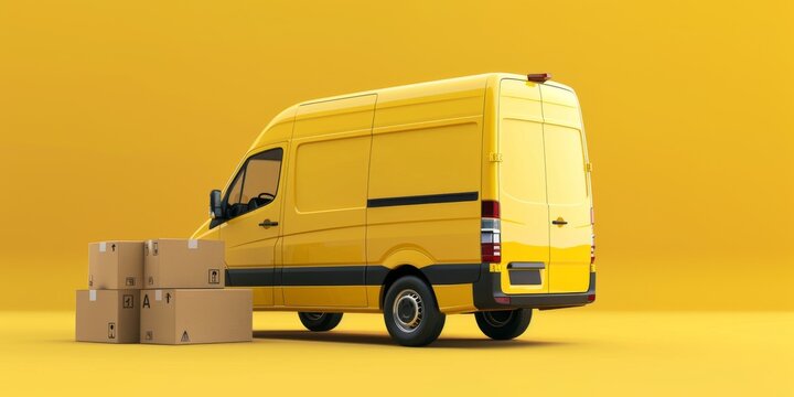 A minimalist cartoon flat design of a logistics postal delivery box car filled with numerous cardboard parcel boxes, set against a yellow background