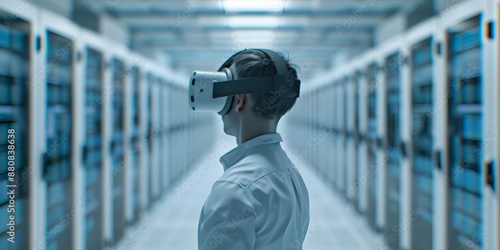 Poster virtual reality user in front of data center - 3d render. concept virtual reality, user experience, 