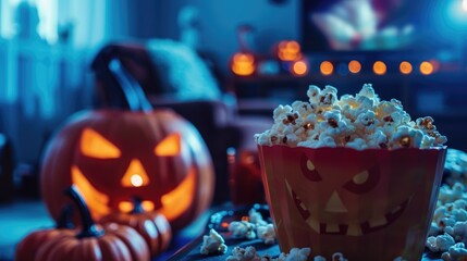 Halloween themed movie night with popcorn in spooky setting