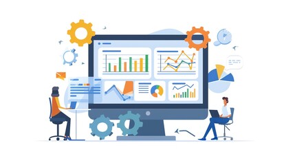 Business analytics dashboard with two people working on it.