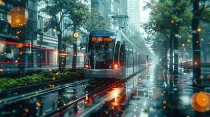 Fototapeta premium A double exposure image of a city's transportation system transitioning to electric and green vehicles, symbolizing sustainable mobility for net zero