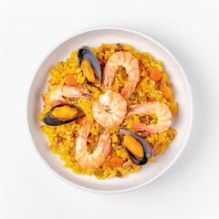 Seafood paella in a plate isolated on white background