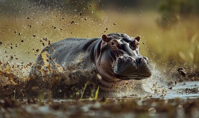 Fototapeta premium A powerful hippopotamus charges through the water, creating dynamic splashes and showcasing its strength in the wild, epitomizing the raw energy of nature's wildlife