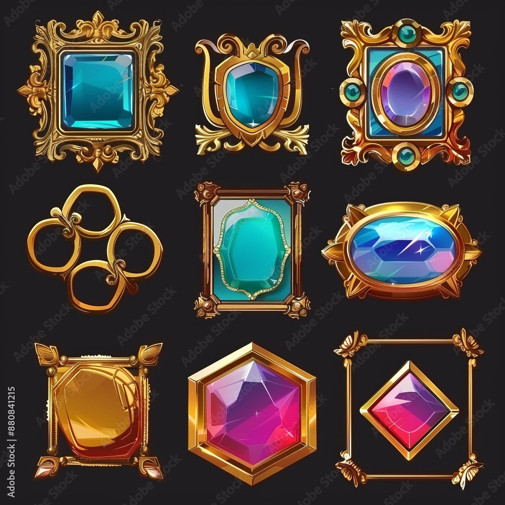 Poster the stone is in a gold and silver frame in a medieval style. the avatar border of the user interface